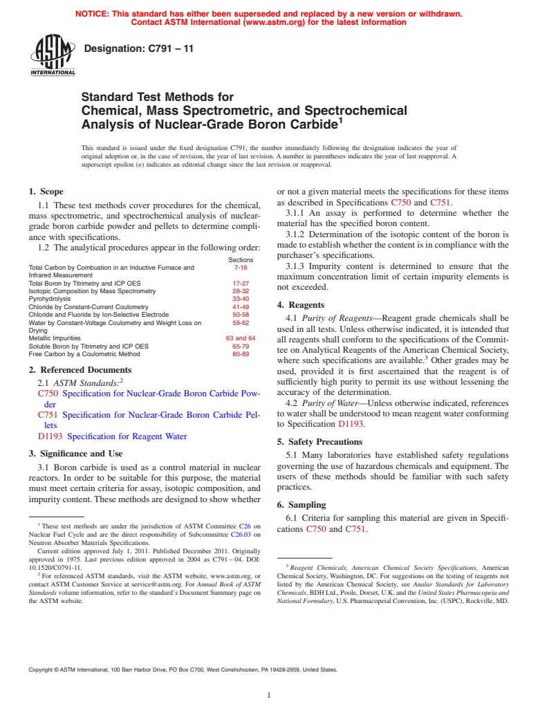 ASTM C791-11 - Standard Test Methods for  Chemical, Mass Spectrometric, and Spectrochemical Analysis of Nuclear-Grade Boron Carbide