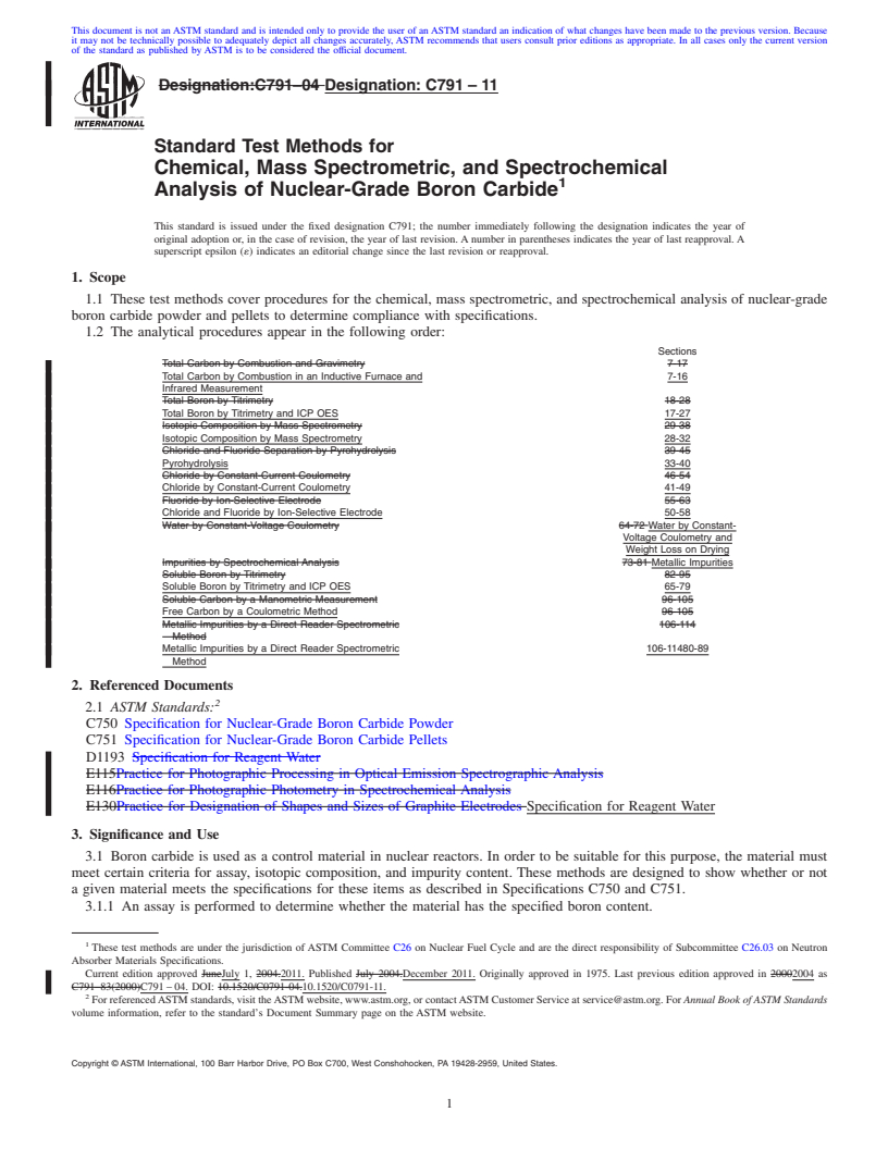 REDLINE ASTM C791-11 - Standard Test Methods for  Chemical, Mass Spectrometric, and Spectrochemical Analysis of Nuclear-Grade Boron Carbide