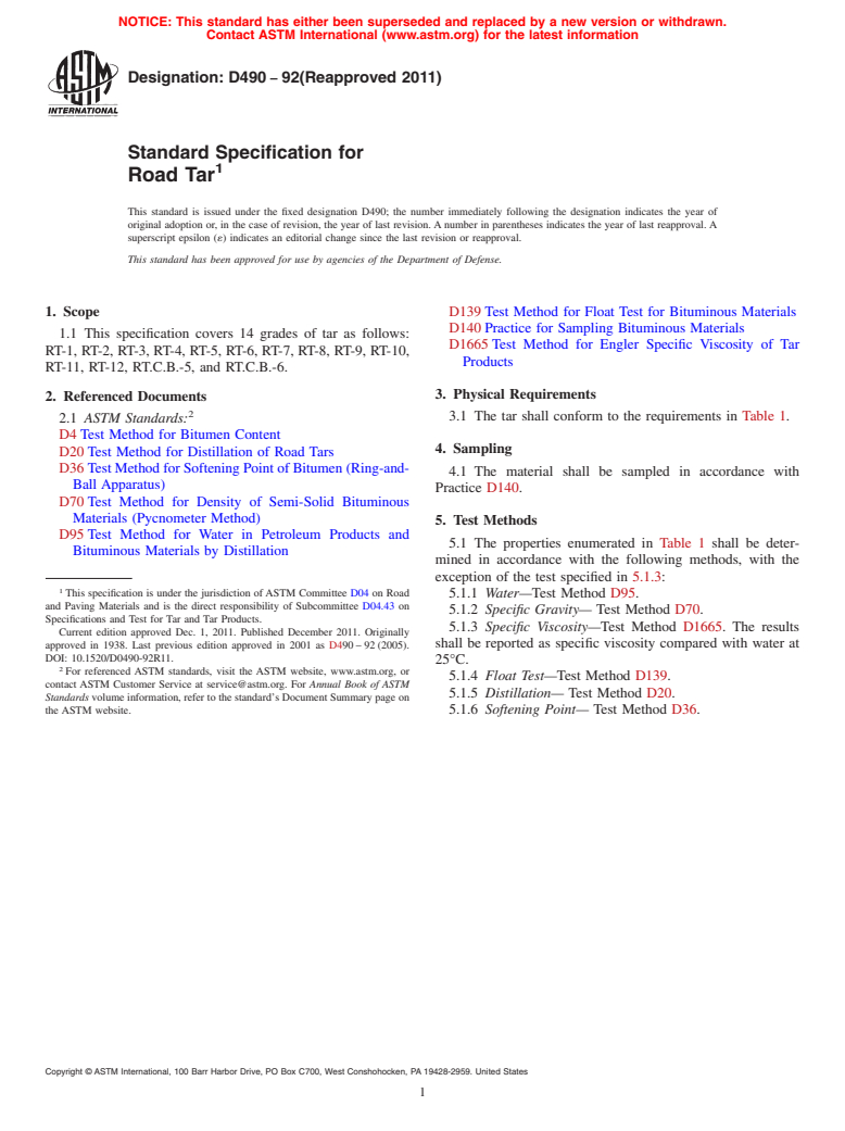 ASTM D490-92(2011) - Standard Specification for  Road Tar