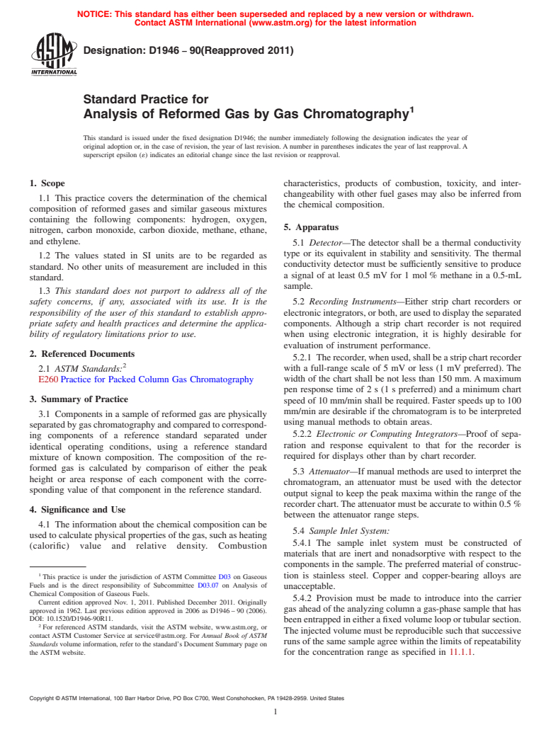 ASTM D1946-90(2011) - Standard Practice for  Analysis of Reformed Gas by Gas Chromatography