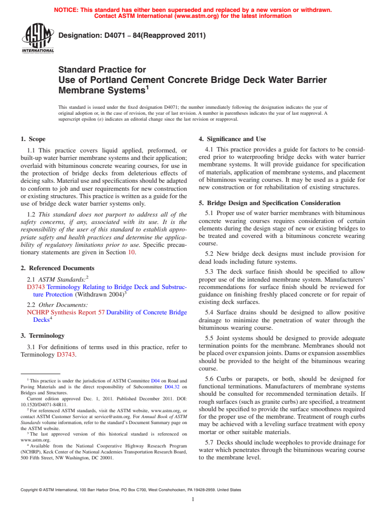 ASTM D4071-84(2011) - Standard Practice for  Use of Portland Cement Concrete Bridge Deck Water Barrier Membrane Systems