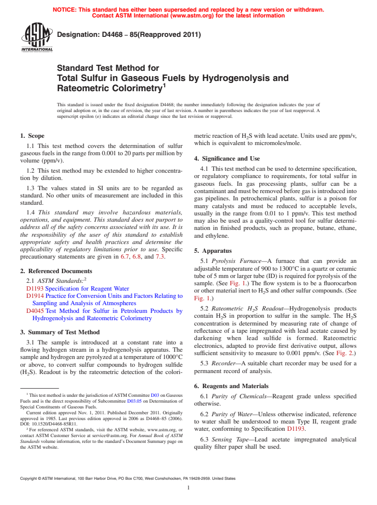 ASTM D4468-85(2011) - Standard Test Method for  Total Sulfur in Gaseous Fuels by Hydrogenolysis and<br>  Rateometric Colorimetry