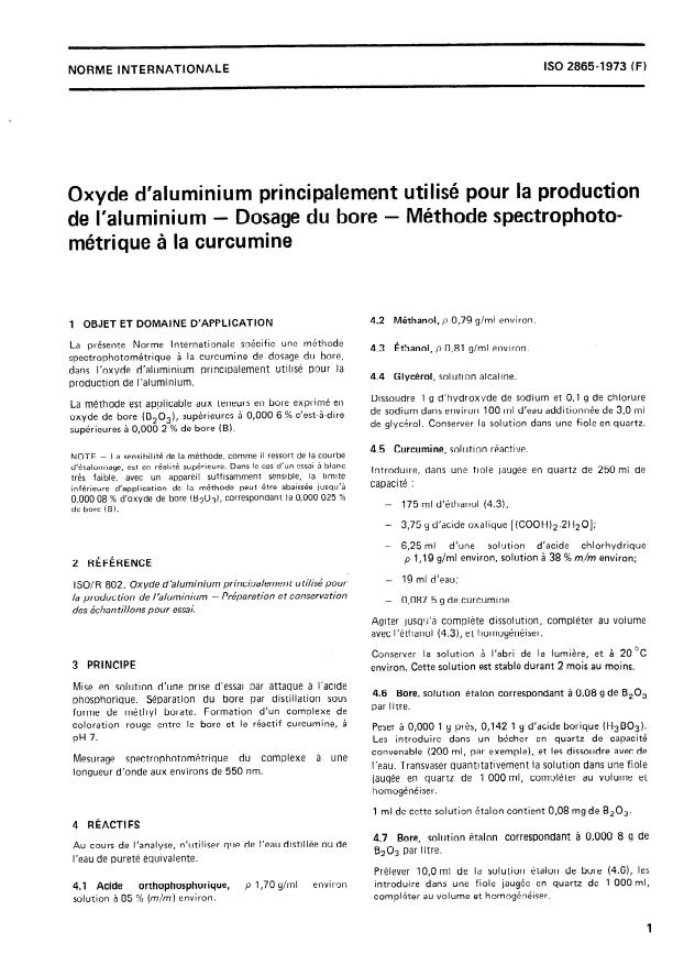 ISO 2865:1973 - Oxyde d'aluminium principalement utilisé pour la production de l'aluminium -- Dosage du bore -- Méthode spectrophotométrique a la curcumine