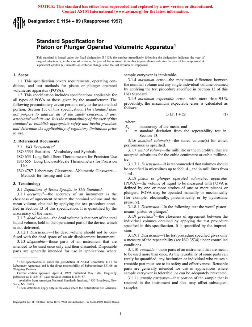 ASTM E1154-89(1997) - Standard Specification for Piston or Plunger Operated Volumetric Apparatus