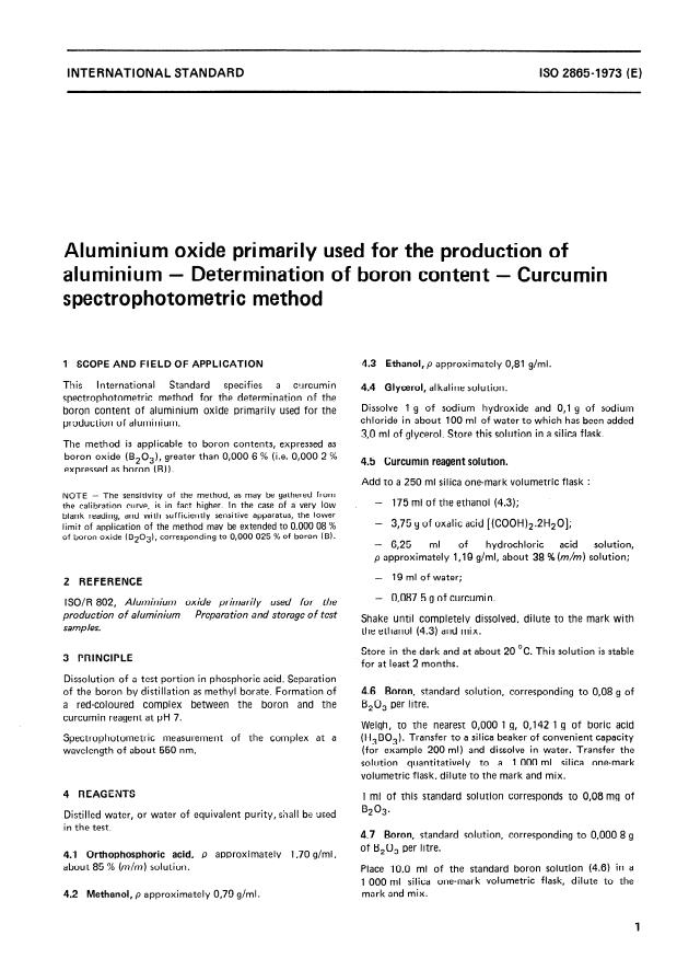 ISO 2865:1973 - Aluminium oxide primarily used for the production of aluminium -- Determination of boron content -- Curcumin spectrophotometric method