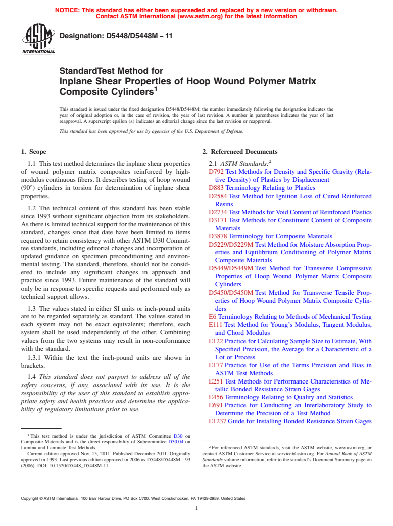 ASTM D5448/D5448M-11 - Standard Test Method for Inplane Shear Properties of Hoop Wound Polymer Matrix Composite Cylinders