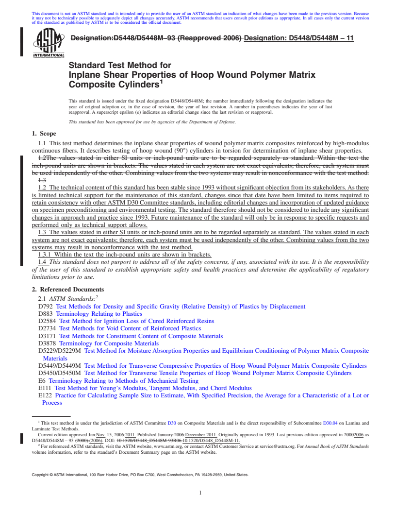 REDLINE ASTM D5448/D5448M-11 - Standard Test Method for Inplane Shear Properties of Hoop Wound Polymer Matrix Composite Cylinders