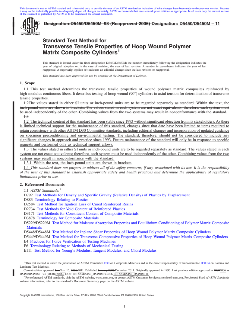 REDLINE ASTM D5450/D5450M-11 - Standard Test Method for Transverse Tensile Properties of Hoop Wound Polymer Matrix Composite Cylinders