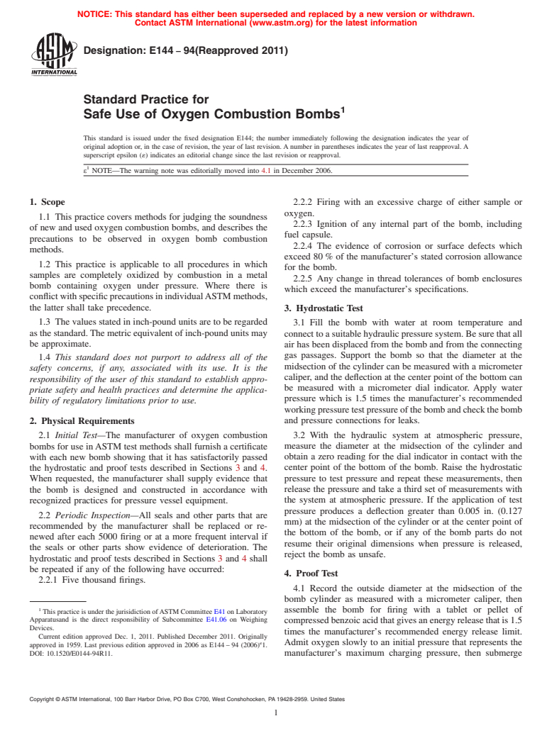 ASTM E144-94(2011) - Standard Practice for  Safe Use of Oxygen Combustion Bombs