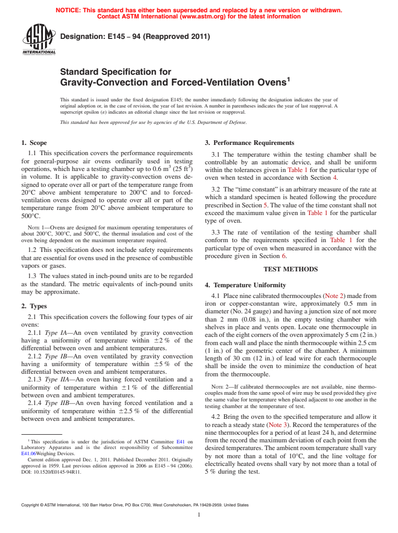 ASTM E145-94(2011) - Standard Specification for  Gravity-Convection and Forced-Ventilation Ovens