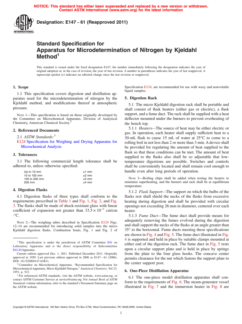 ASTM E147-61(2011) - Standard Specification for  Apparatus for Microdetermination of Nitrogen by Kjeldahl Method