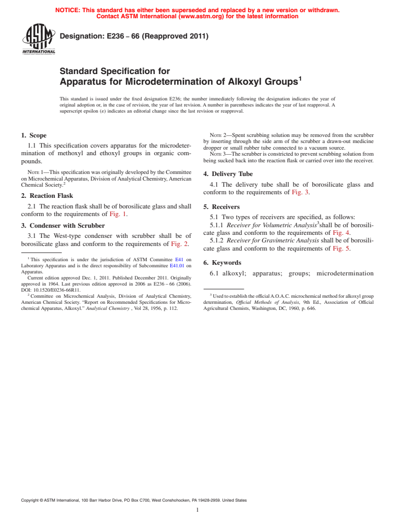 ASTM E236-66(2011) - Standard Specification for Apparatus for Microdetermination of Alkoxyl Groups