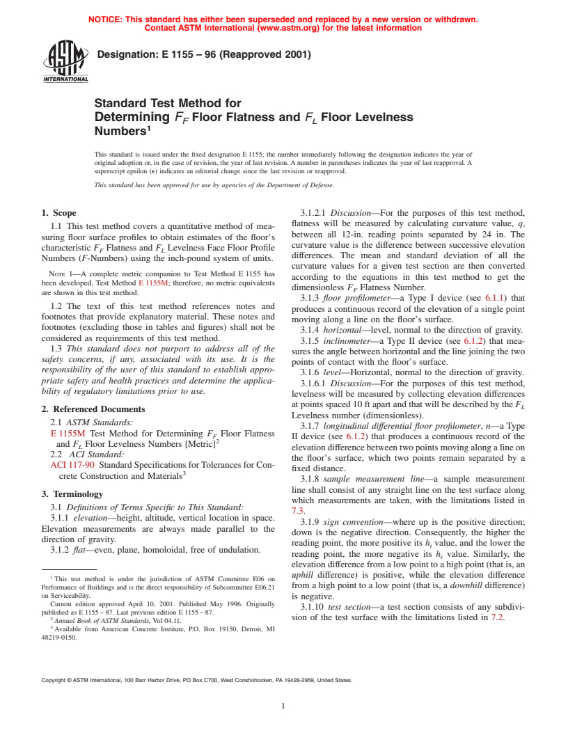 ASTM E1155-96(2001) - Standard Test Method for Determining <i>F<sub>F</sub></i> Floor Flatness and <i>F<sub>L</sub></i> Floor Levelness Numbers