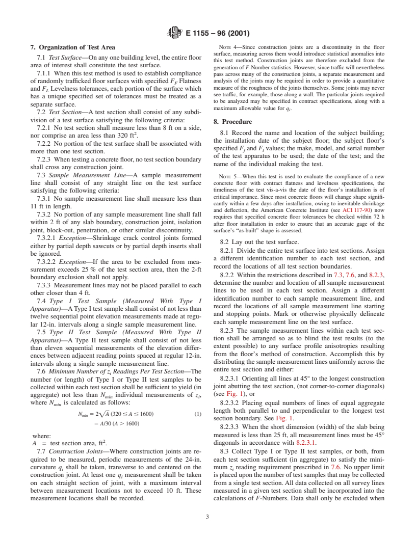 ASTM E1155-96(2001) - Standard Test Method for Determining <i>F<sub>F</sub></i> Floor Flatness and <i>F<sub>L</sub></i> Floor Levelness Numbers