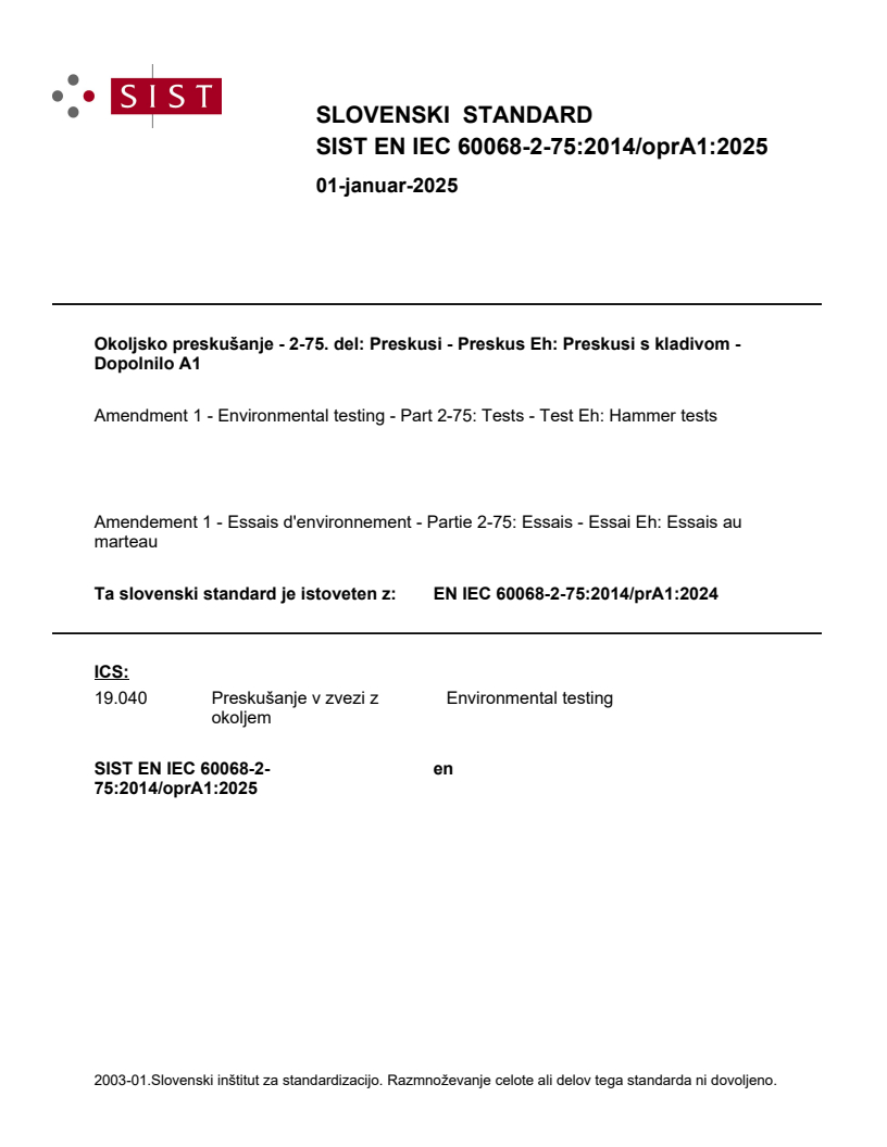 EN IEC 60068-2-75:2014/oprA1:2025