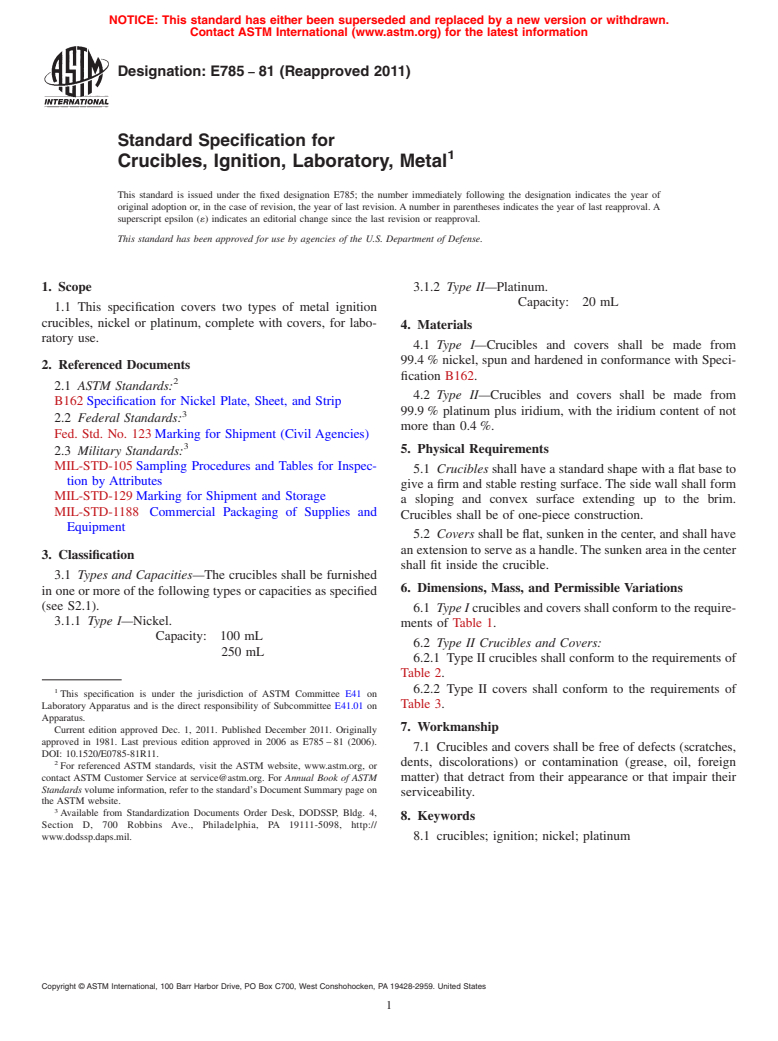 ASTM E785-81(2011) - Standard Specification for  Crucibles, Ignition, Laboratory, Metal