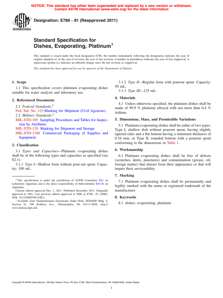 ASTM E786-81(2011) - Standard Specification for  Dishes, Evaporating, Platinum