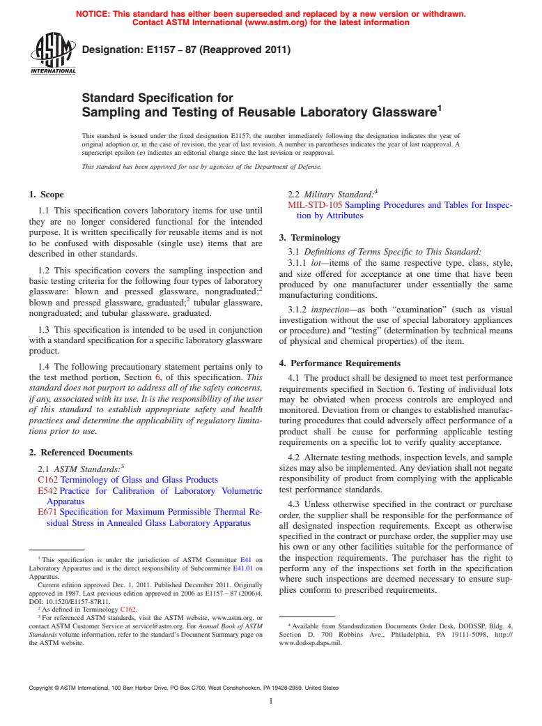 ASTM E1157-87(2011) - Standard Specification for  Sampling and Testing of Reusable Laboratory Glassware