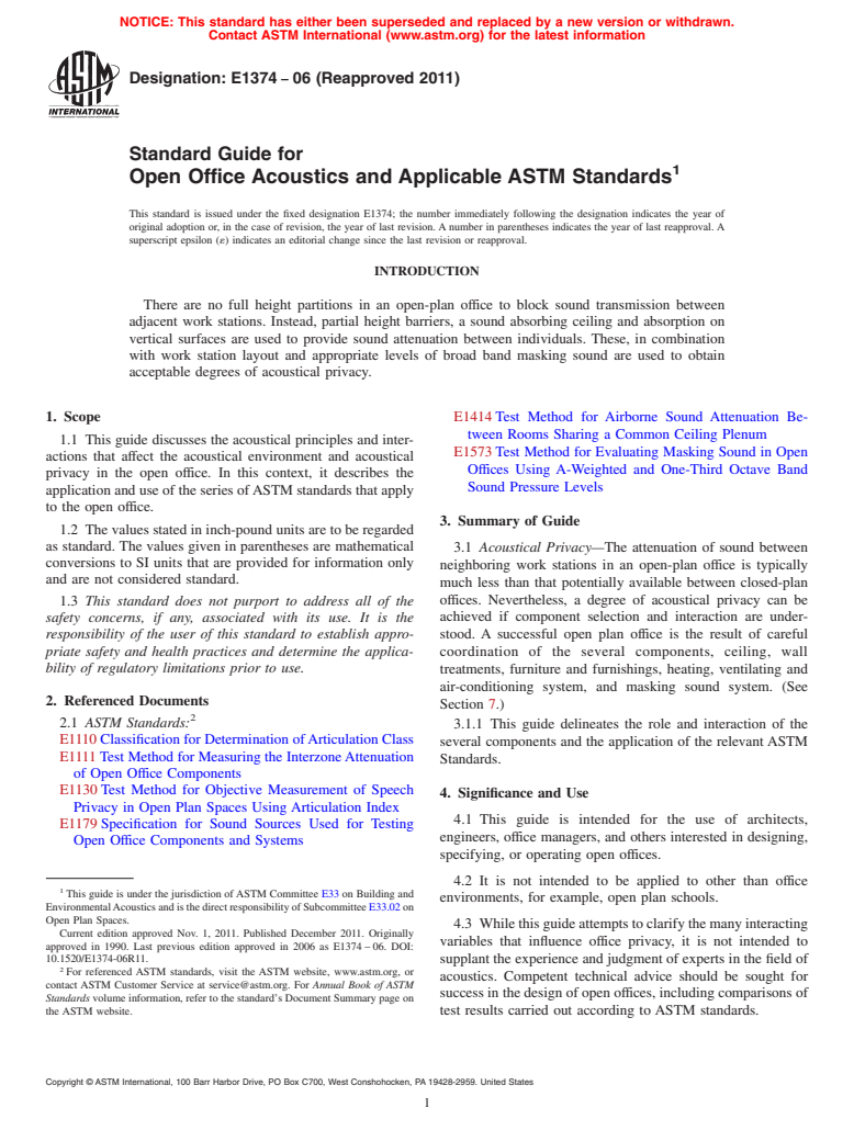 ASTM E1374-06(2011) - Standard Guide for Open Office Acoustics and Applicable ASTM Standards