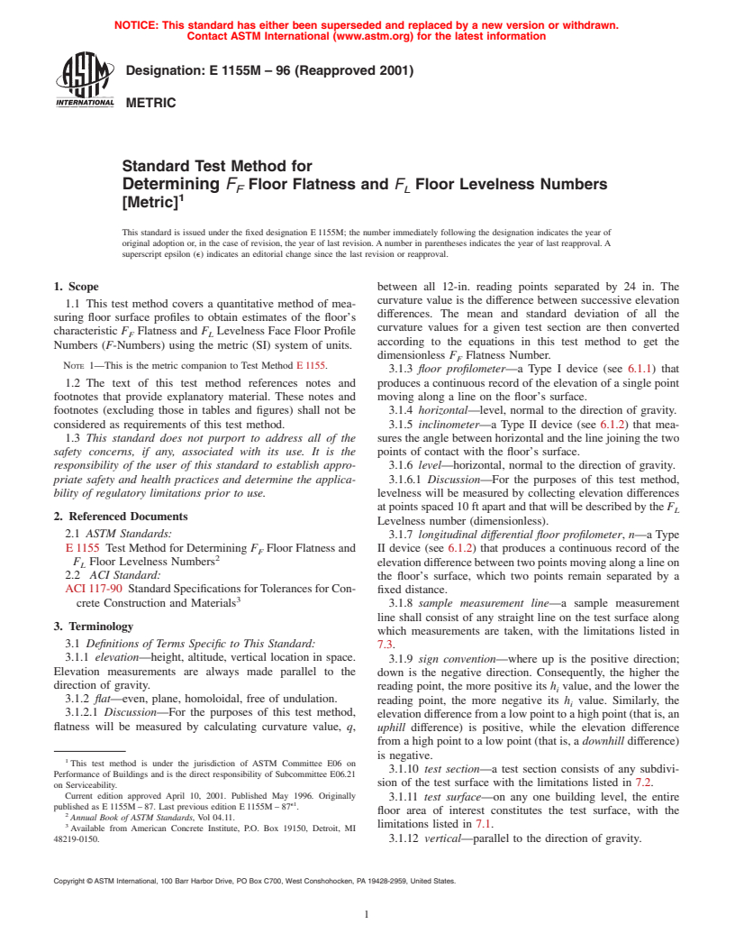 ASTM E1155M-96(2001) - Standard Test Method for Determining <i>F<sub>F</sub></i> Floor Flatness and <i>F<sub>L</sub></i> Floor Levelness Numbers [Metric]