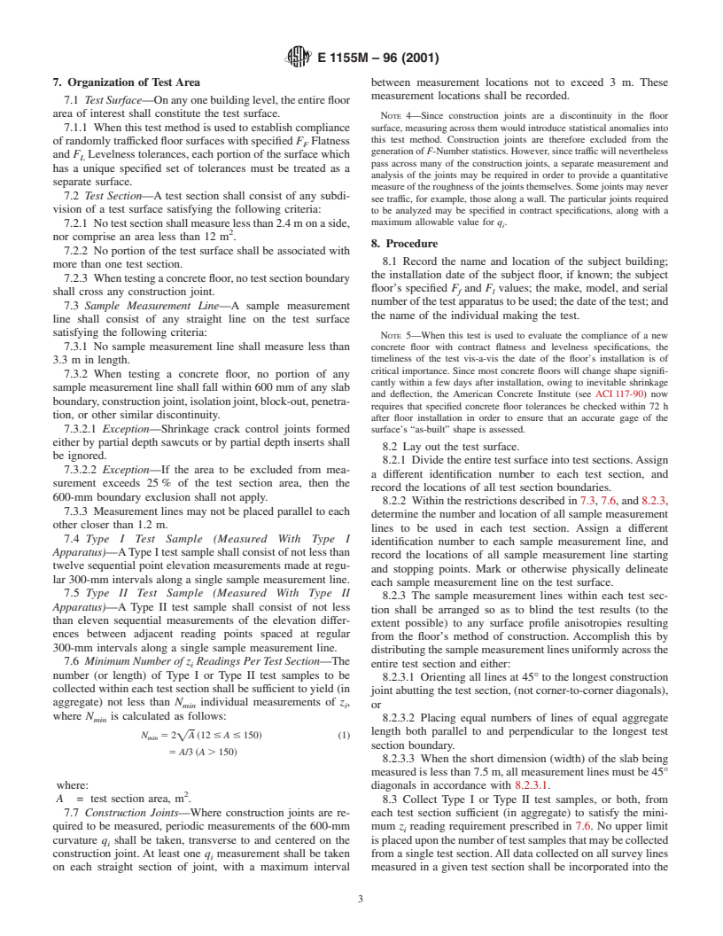 ASTM E1155M-96(2001) - Standard Test Method for Determining <i>F<sub>F</sub></i> Floor Flatness and <i>F<sub>L</sub></i> Floor Levelness Numbers [Metric]