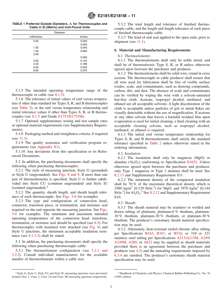ASTM E2181/E2181M-11 - Standard Specification for Compacted Mineral-Insulated, Metal-Sheathed, Noble Metal Thermocouples and Thermocouple Cable