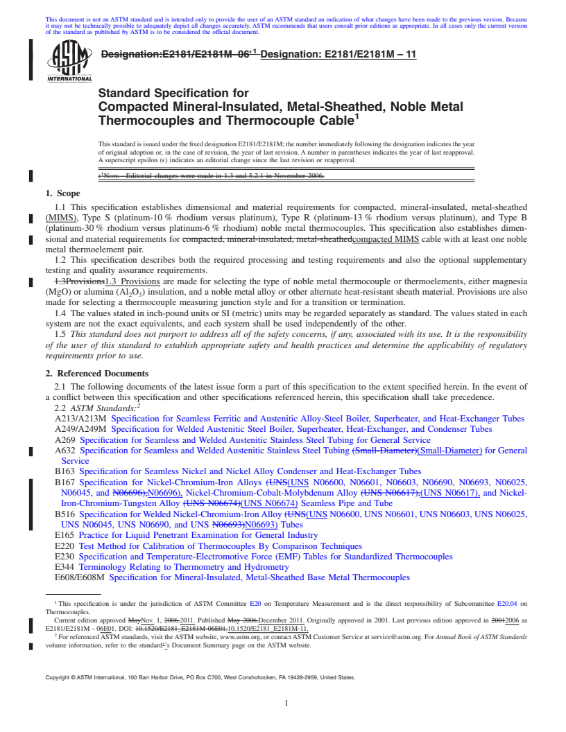 REDLINE ASTM E2181/E2181M-11 - Standard Specification for Compacted Mineral-Insulated, Metal-Sheathed, Noble Metal Thermocouples and Thermocouple Cable