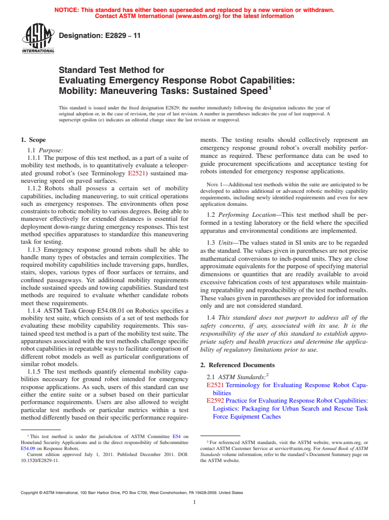 ASTM E2829-11 - Standard Test Method for Evaluating Emergency Response Robot Capabilities: Mobility: Maneuvering Tasks: Sustained Speed