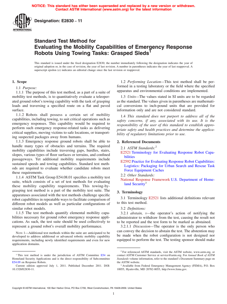 ASTM E2830-11 - Standard Test Method for Evaluating the Mobility Capabilities of Emergency Response Robots Using Towing Tasks: Grasped Sleds