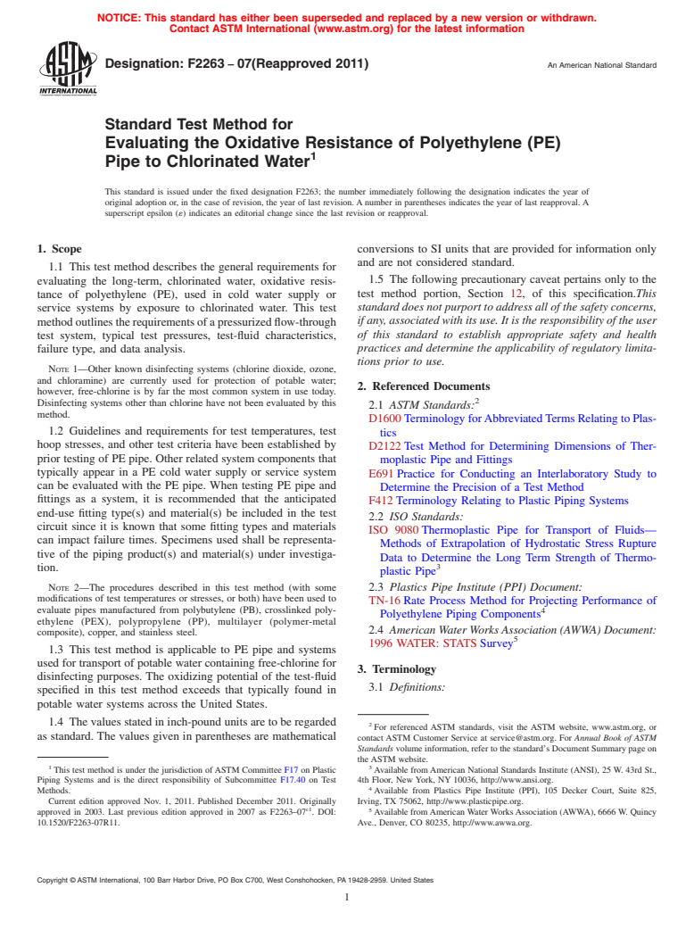 ASTM F2263-07(2011) - Standard Test Method for Evaluating the Oxidative Resistance of Polyethylene (PE) Pipe to Chlorinated Water