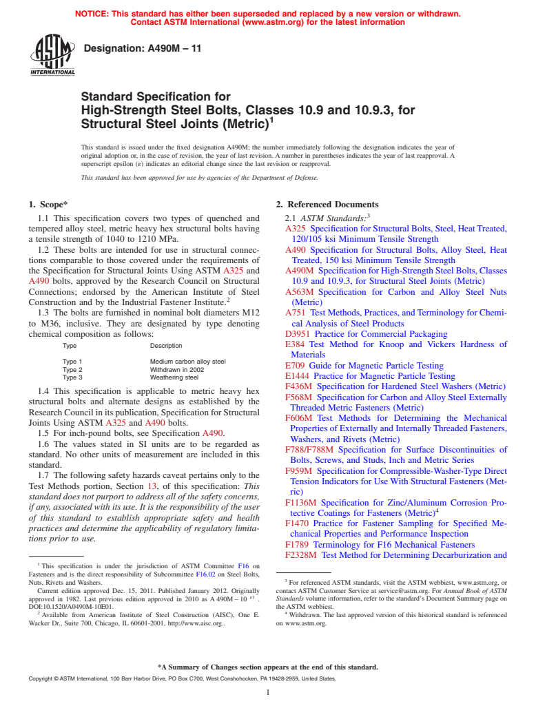 ASTM A490M-11 - Standard Specification for High-Strength Steel Bolts, Classes 10.9 and 10.9.3, for Structural  Steel Joints (Metric)