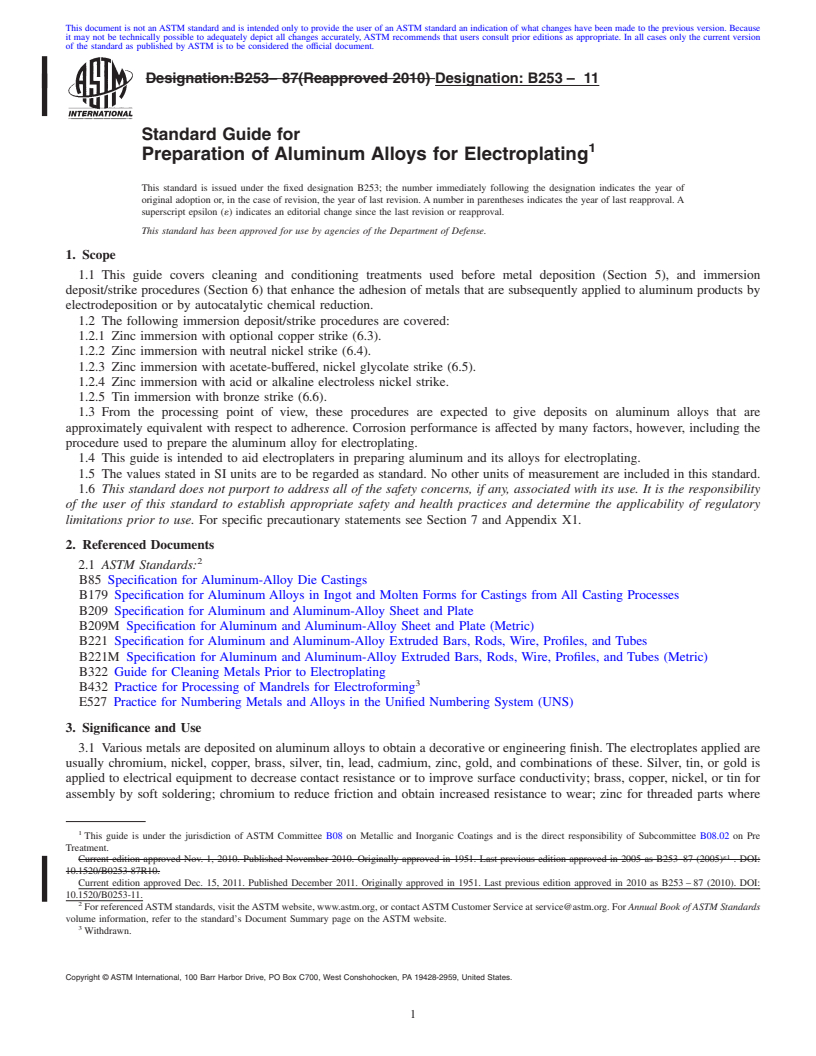 REDLINE ASTM B253-11 - Standard Guide for Preparation of Aluminum Alloys for Electroplating