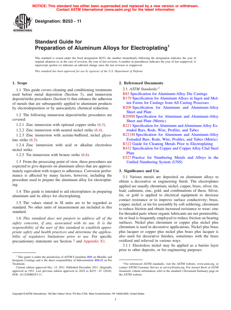ASTM B253-11 - Standard Guide for Preparation of Aluminum Alloys for Electroplating