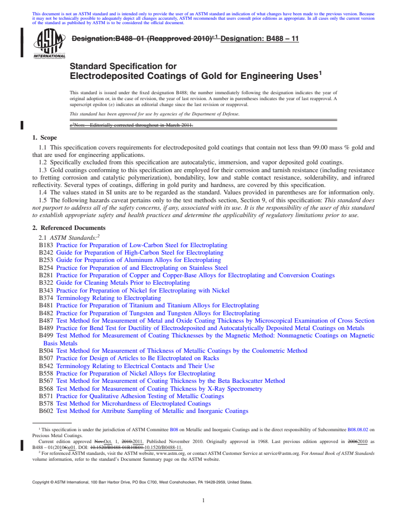 REDLINE ASTM B488-11 - Standard Specification for Electrodeposited Coatings of Gold for Engineering Uses