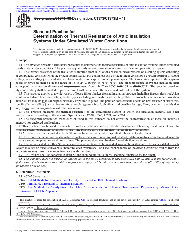 REDLINE ASTM C1373/C1373M-11 - Standard Practice for Determination of Thermal Resistance of Attic Insulation Systems Under Simulated Winter Conditions