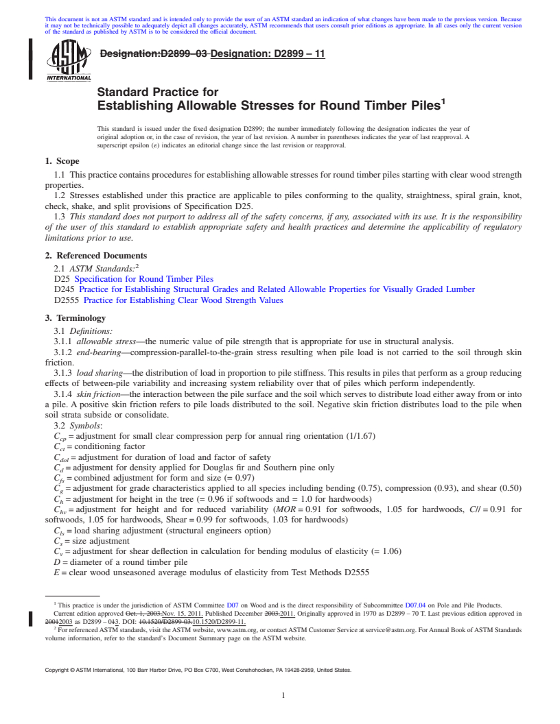 REDLINE ASTM D2899-11 - Standard Practice for Establishing Allowable Stresses for Round Timber Piles