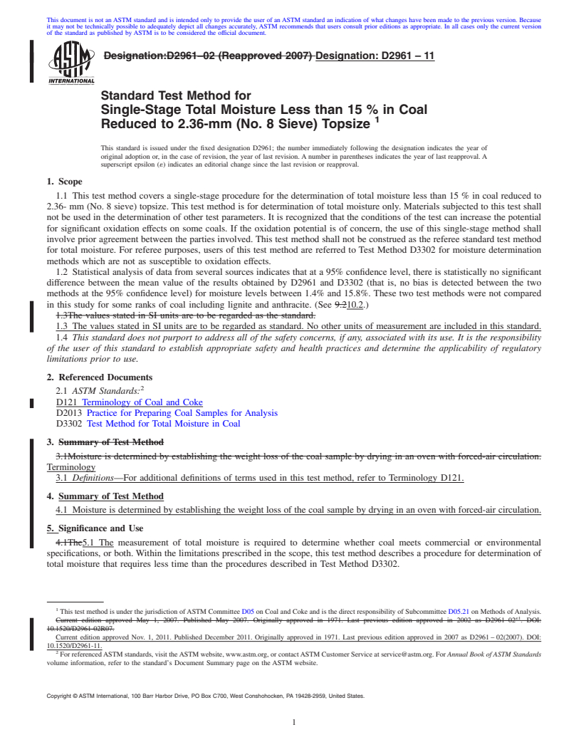 REDLINE ASTM D2961-11 - Standard Test Method for Single-Stage Total Moisture Less than 15% in Coal Reduced to 2.36-mm (No. 8 Sieve) Topsize