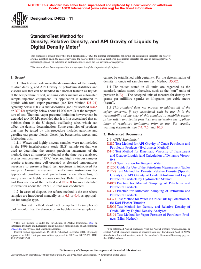 ASTM D4052-11 - Standard Test Method for Density, Relative Density, and API Gravity of Liquids by Digital Density Meter