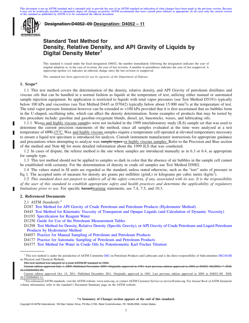 REDLINE ASTM D4052-11 - Standard Test Method for Density, Relative Density, and API Gravity of Liquids by Digital Density Meter