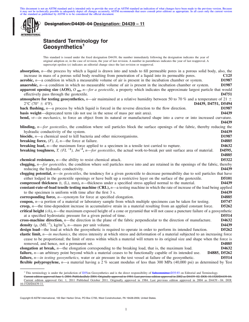 REDLINE ASTM D4439-11 - Standard Terminology for Geosynthetics