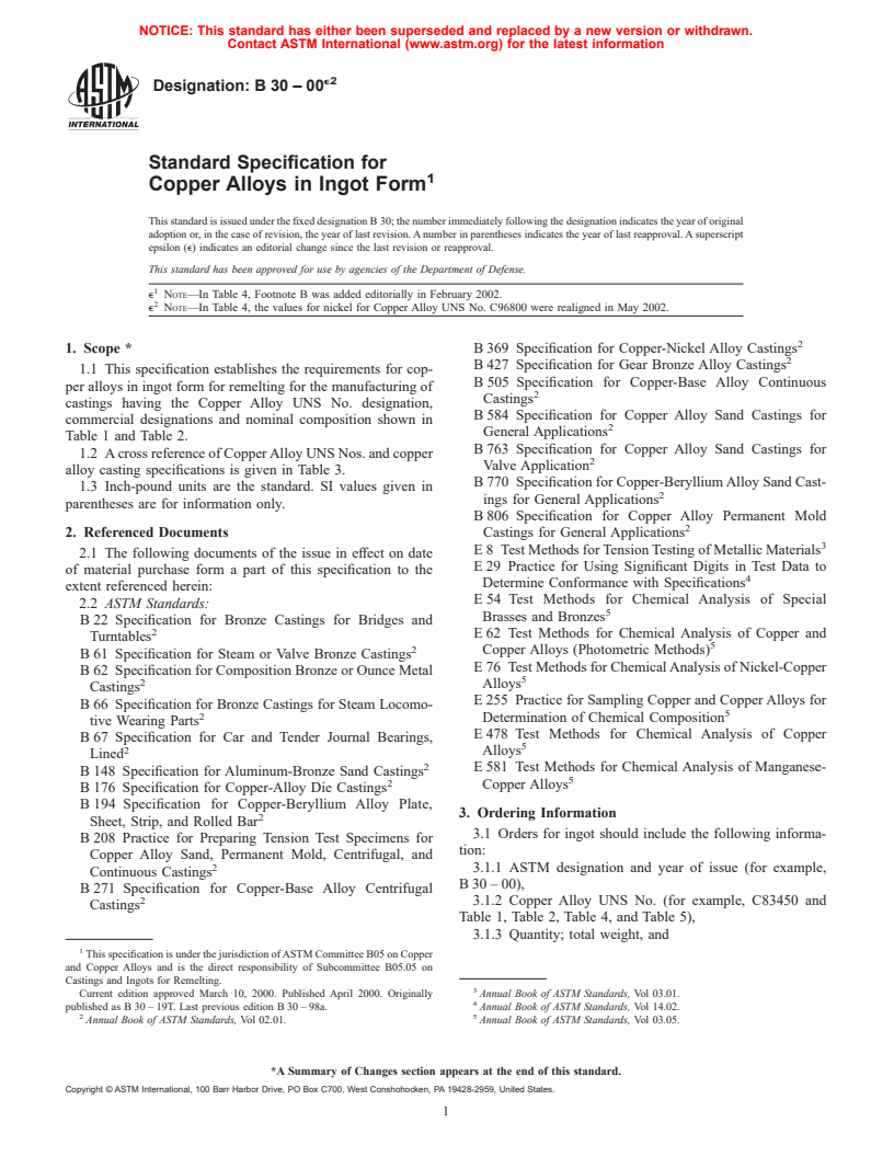 ASTM B30-00e2 - Standard Specification for Copper Alloys in Ingot Form