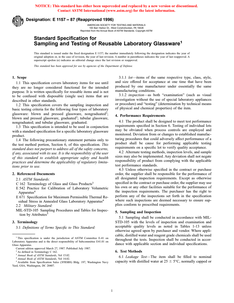 ASTM E1157-87(1996) - Standard Specification for Sampling and Testing of Reusable Laboratory Glassware