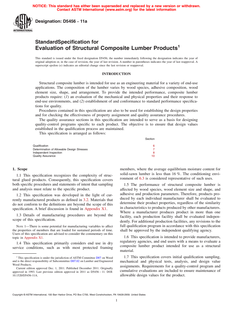 ASTM D5456-11a - Standard Specification for Evaluation of Structural Composite Lumber Products