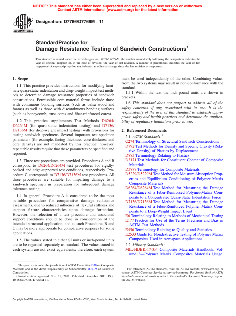 ASTM D7766/D7766M-11 - Standard Practice for Damage Resistance Testing of Sandwich Constructions