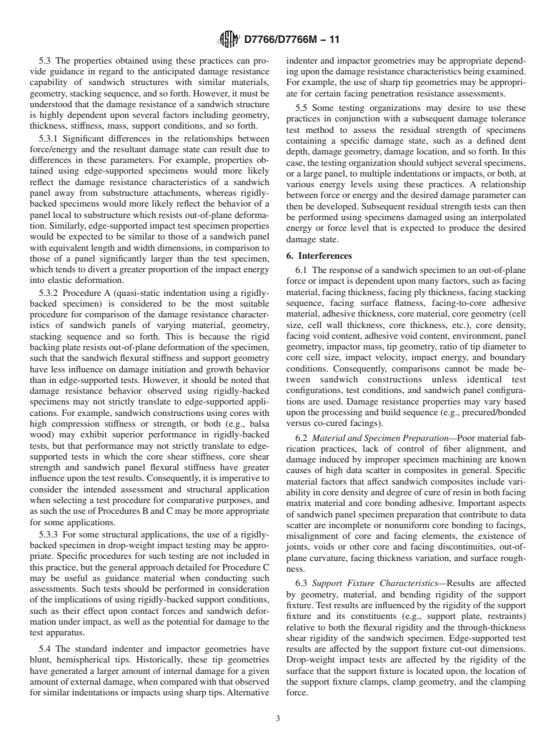 ASTM D7766/D7766M-11 - Standard Practice for Damage Resistance Testing of Sandwich Constructions