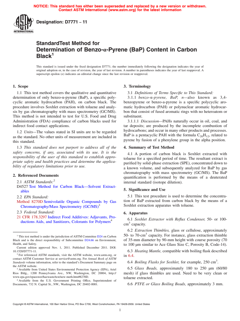 ASTM D7771-11 - Standard Test Method for Determination of Benzo-<span class='unicode'>&#x03B1;</span>-Pyrene (BaP) Content in Carbon Black