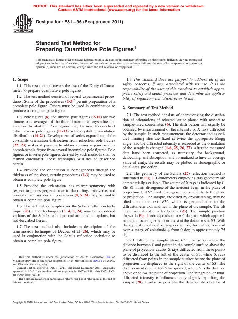 ASTM E81-96(2011) - Standard Test Method for Preparing Quantitative Pole Figures