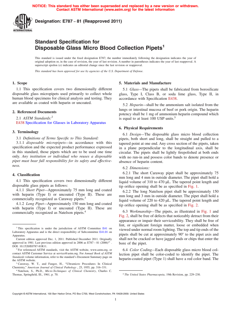 ASTM E787-81(2011) - Standard Specification for Disposable Glass Micro Blood Collection Pipets