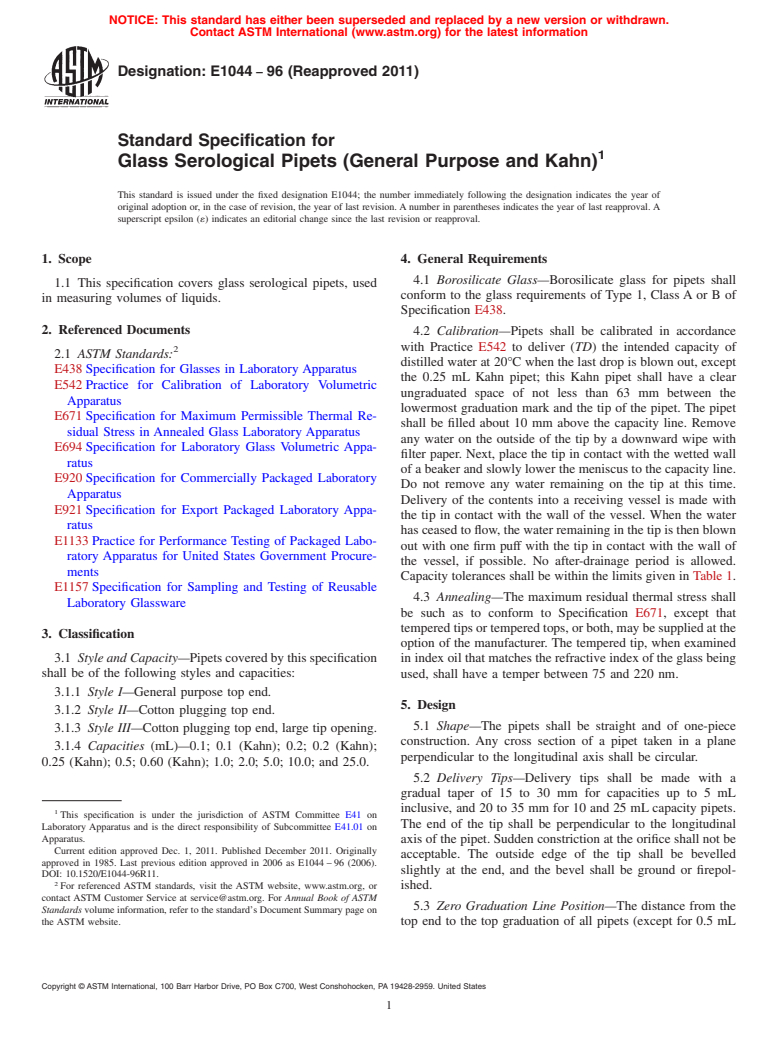 ASTM E1044-96(2011) - Standard Specification for Glass Serological Pipets (General Purpose and Kahn)