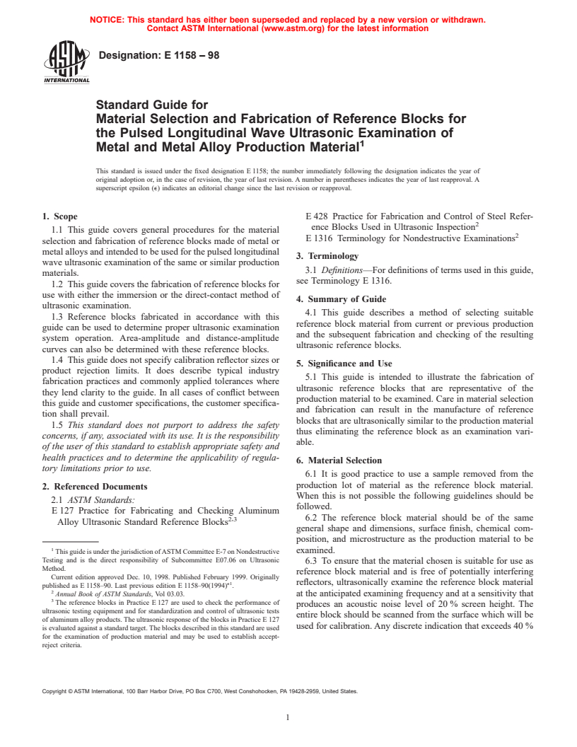 ASTM E1158-98 - Standard Guide for Material Selection and Fabrication of Reference Blocks for the Pulsed Longitudinal Wave Ultrasonic Examination of Metal and Metal Alloy Production Material